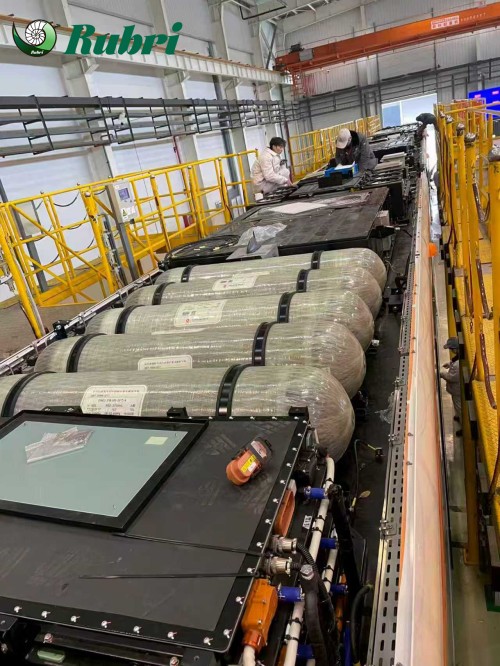 Tanque de armazenamento de hidrogênio em fibra de carbono tipo IV, 210L, 700 bar, com válvula de hidrogênio.